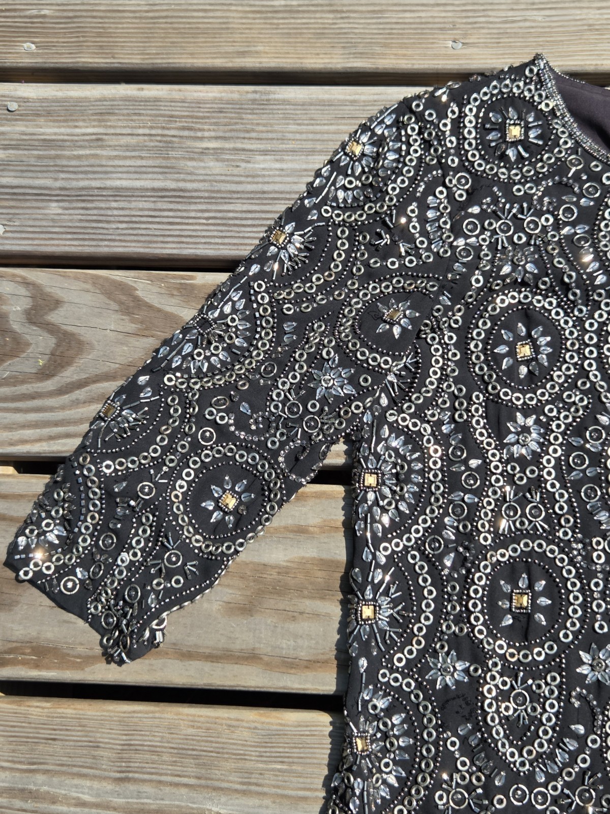 🍾Vintage Heavily Beaded Black Evening Dress Rhinestone Sequin Party Cocktail🍾