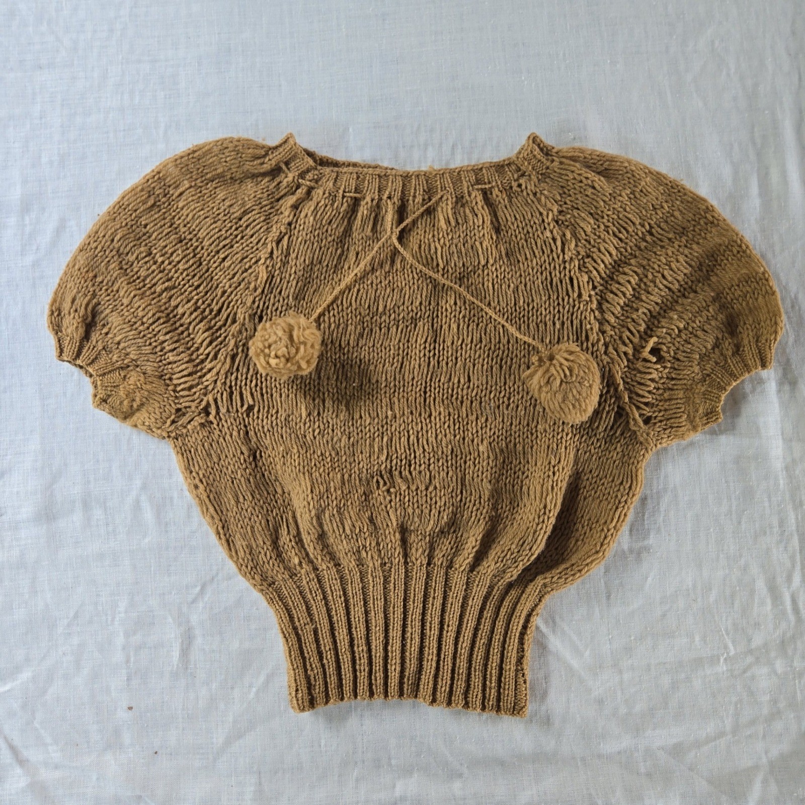 VTG Handmade Cropped Sweater Women’s S Brown Knit Pom Pom Ribbed Distressed USA