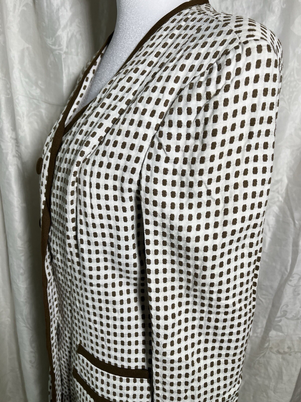 Vtg Coat Jacket White 60s Designer Montaldos Lightweight Brown Polka Dot S M