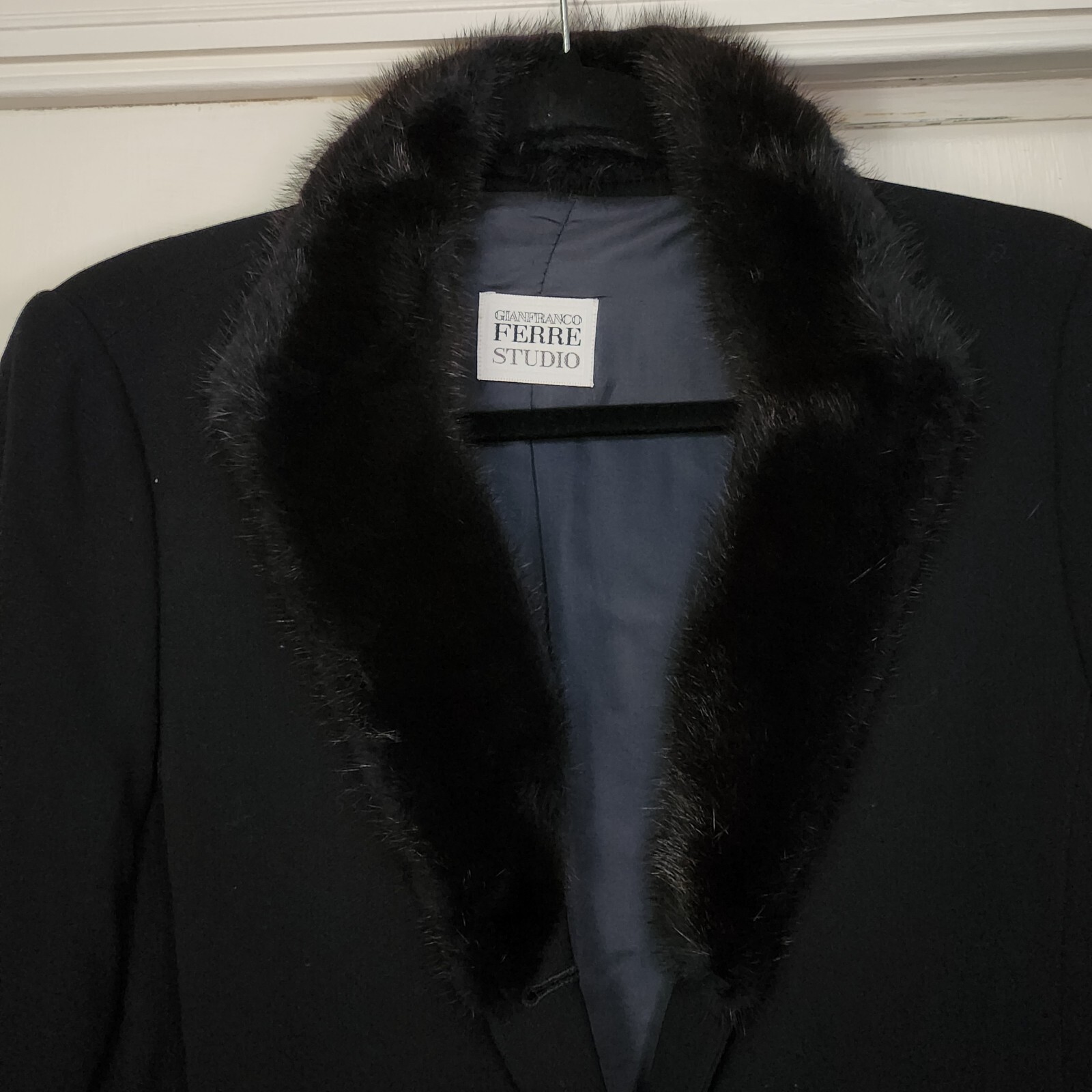 GianFranco Ferre 1980s Vintage Black Long Wool Dress Coat w Fur Trim ALTERED M/L