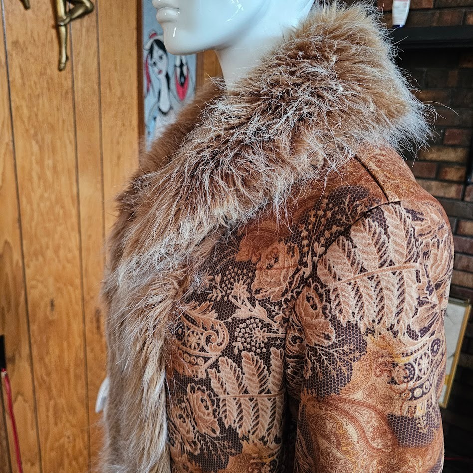 Vtg 90s do 70s Penny Lane Hippie Faux Fur Jacket Shaggy Afghan Tapestry Coat M