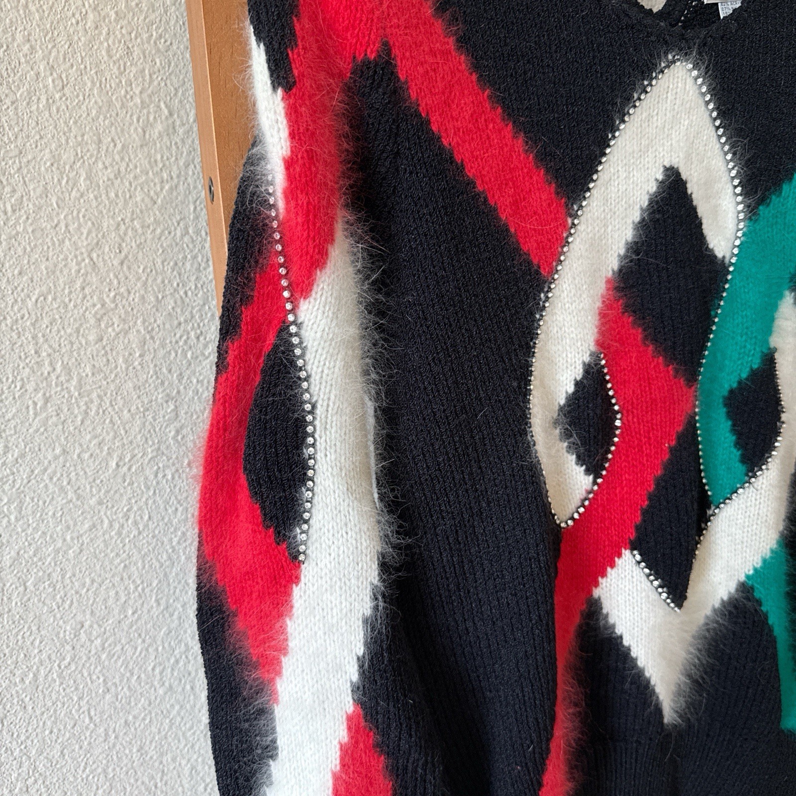 Vintage 1980 Black Red And Green Angora Blend Sweater Size Small