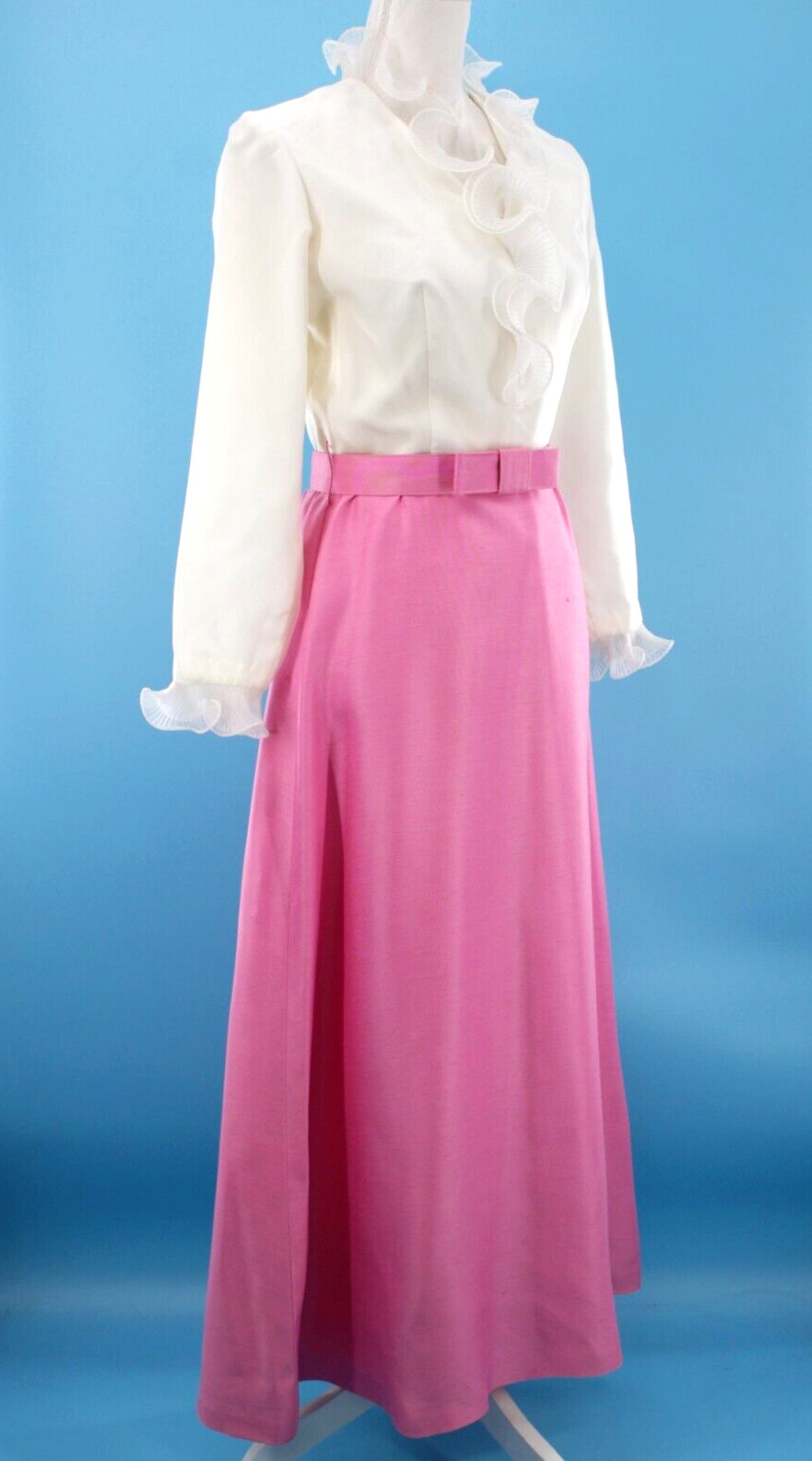 Vtg Women’s 60s 2 Pc Pink & White Ruffle Front Maxi Dress W/ Jacket XS/S 1960s