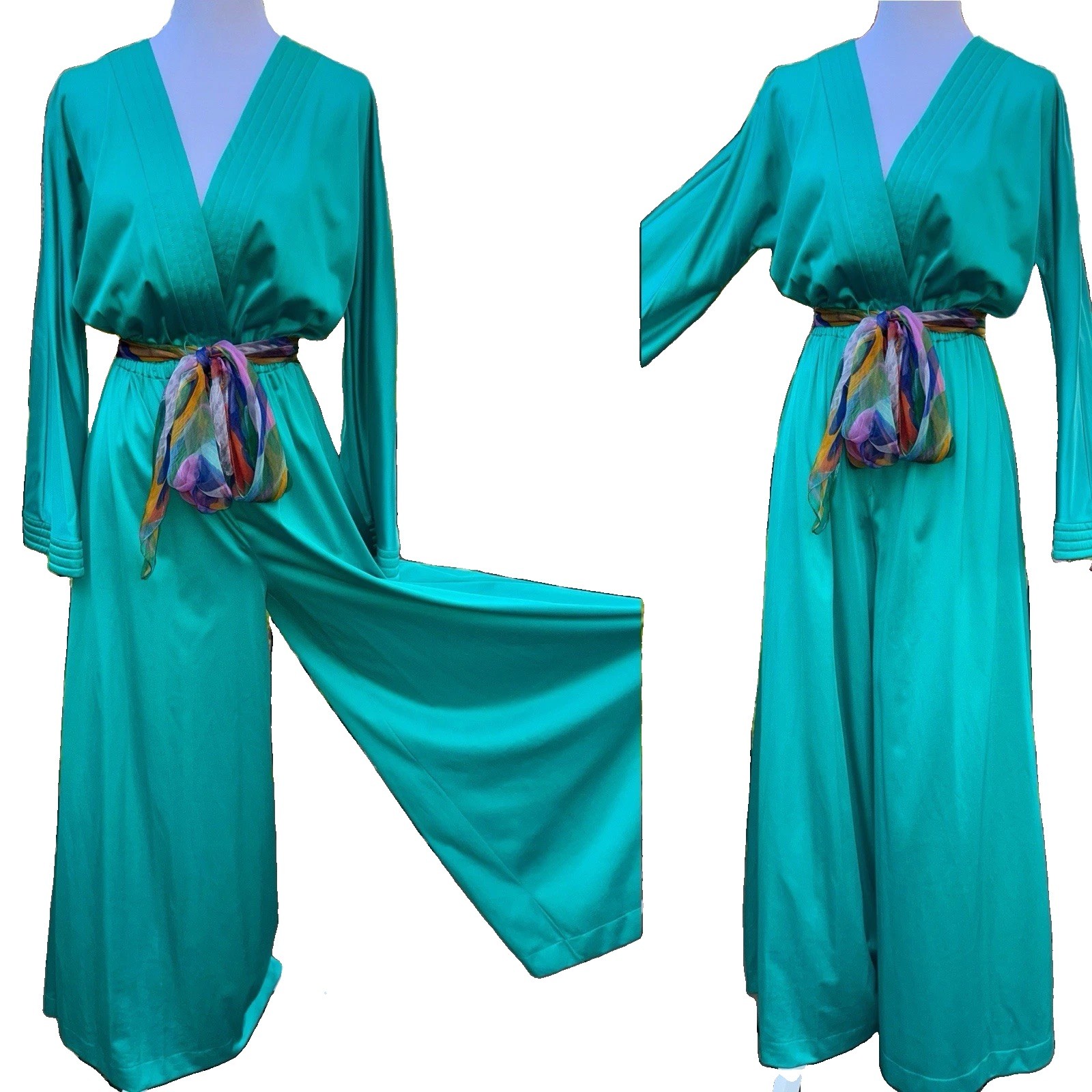 Vtg VANITY FAIR Palazzo Pants Jumpsuit 12 Green Hostess Wide Leg 60s 70s Nylon L