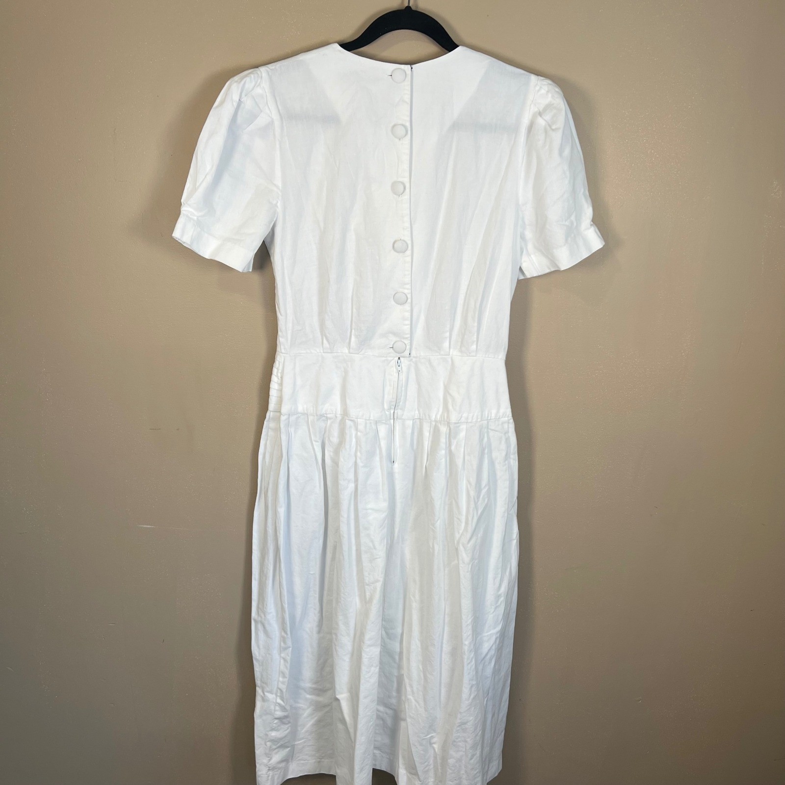 Vintage White Cotton Embroidered Midi Dress Puffed Sleeve Beaded Drop Waist
