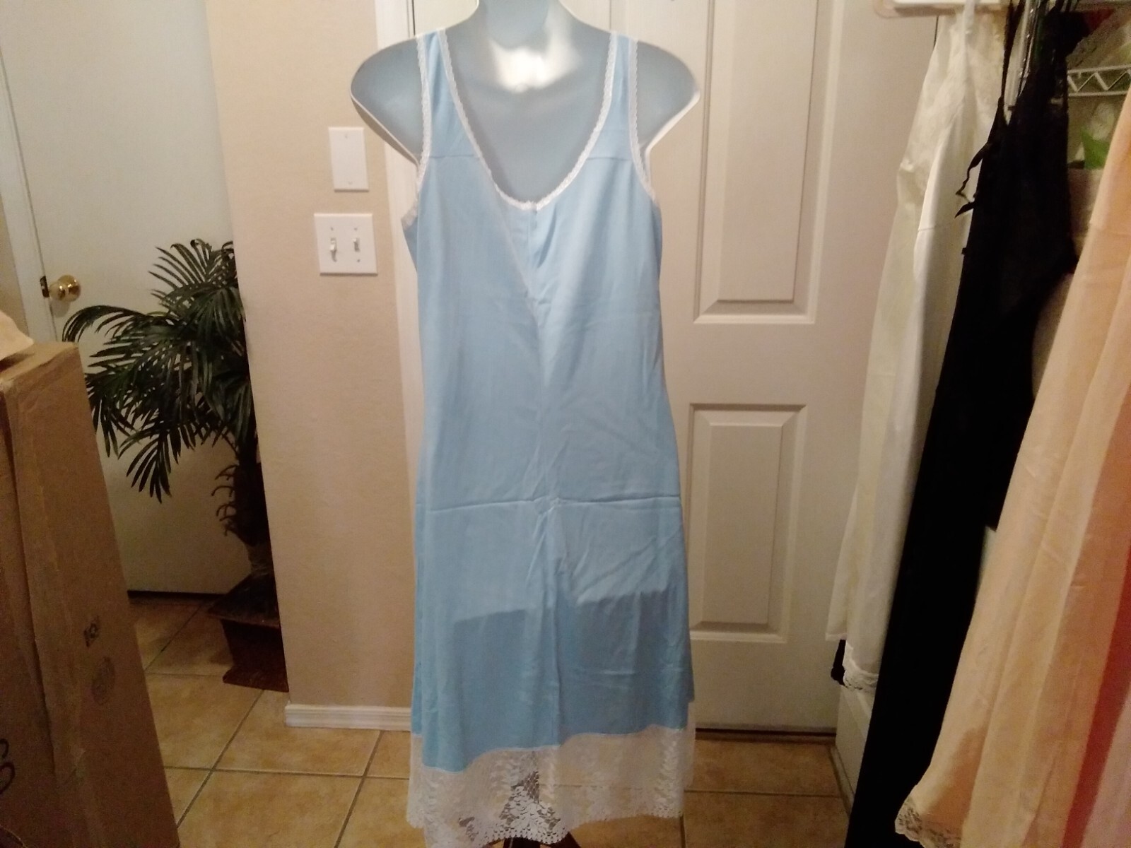 Womans Vintage Full Slip Dress Chemise European M-L Blue Lace Bodice