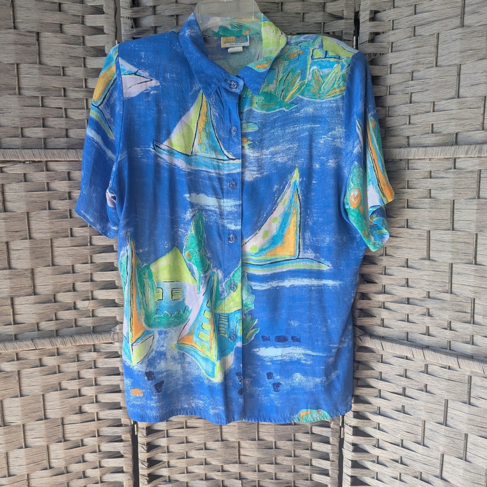 Vtg 90s Sailboat Print Rayon Short Sleeve Button Up Shirt Blue Sz L Made in USA