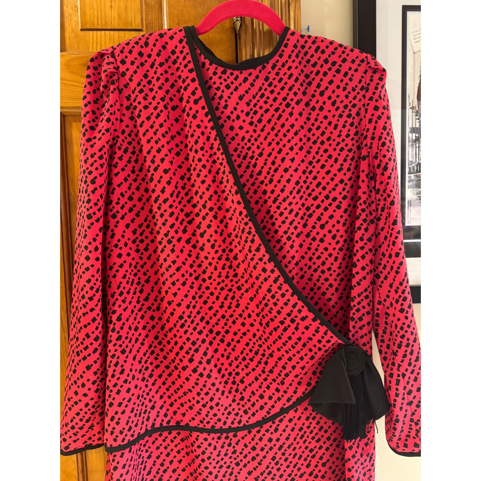 Henry Lee Vintage 80s Red Black Geometric Faux Wrap Dress Rosette Tassel Sz 12