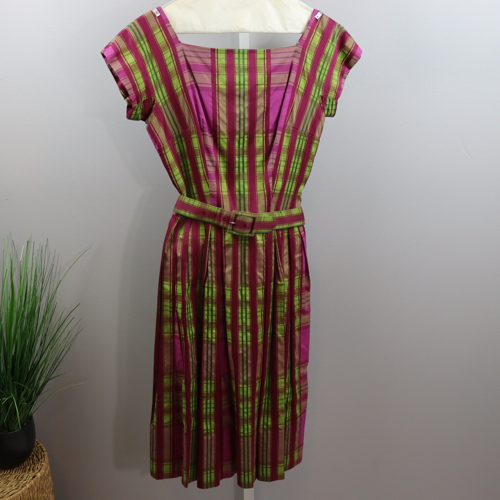 Vintage Neiman Marcus Plaid Silk Dress Pink Green Belted Fit & Flare