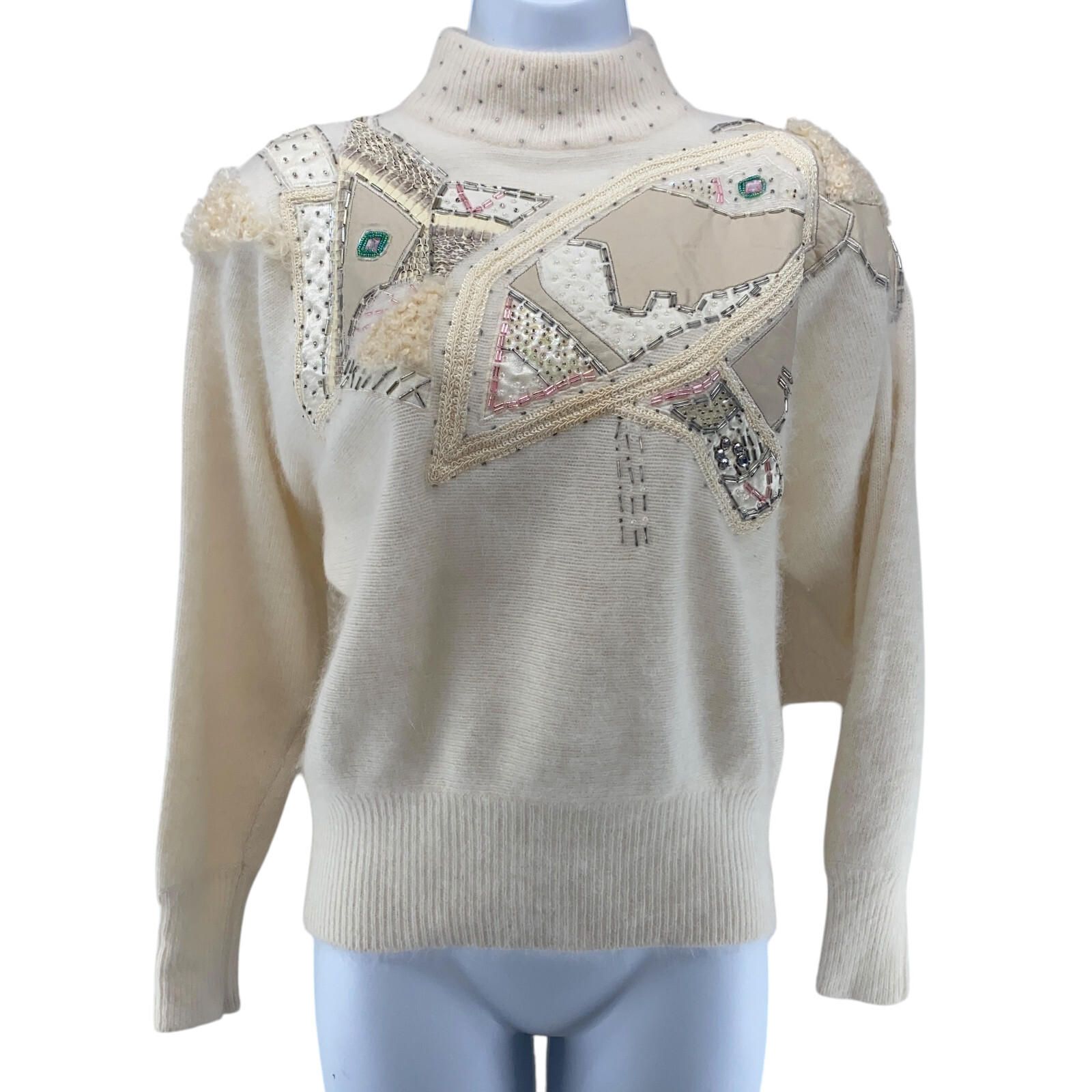 Vintage Erez Beaded Sweater Small Ivory Angora Rabbit Hair Leather Snakeskin