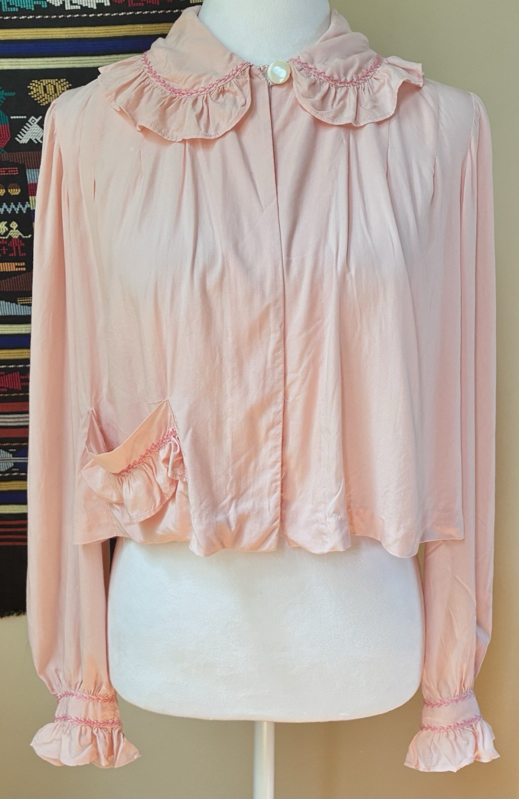 Vintage 40s/50s Handmade Pink Bed Jacket w Ruffle Collar & Embroidery