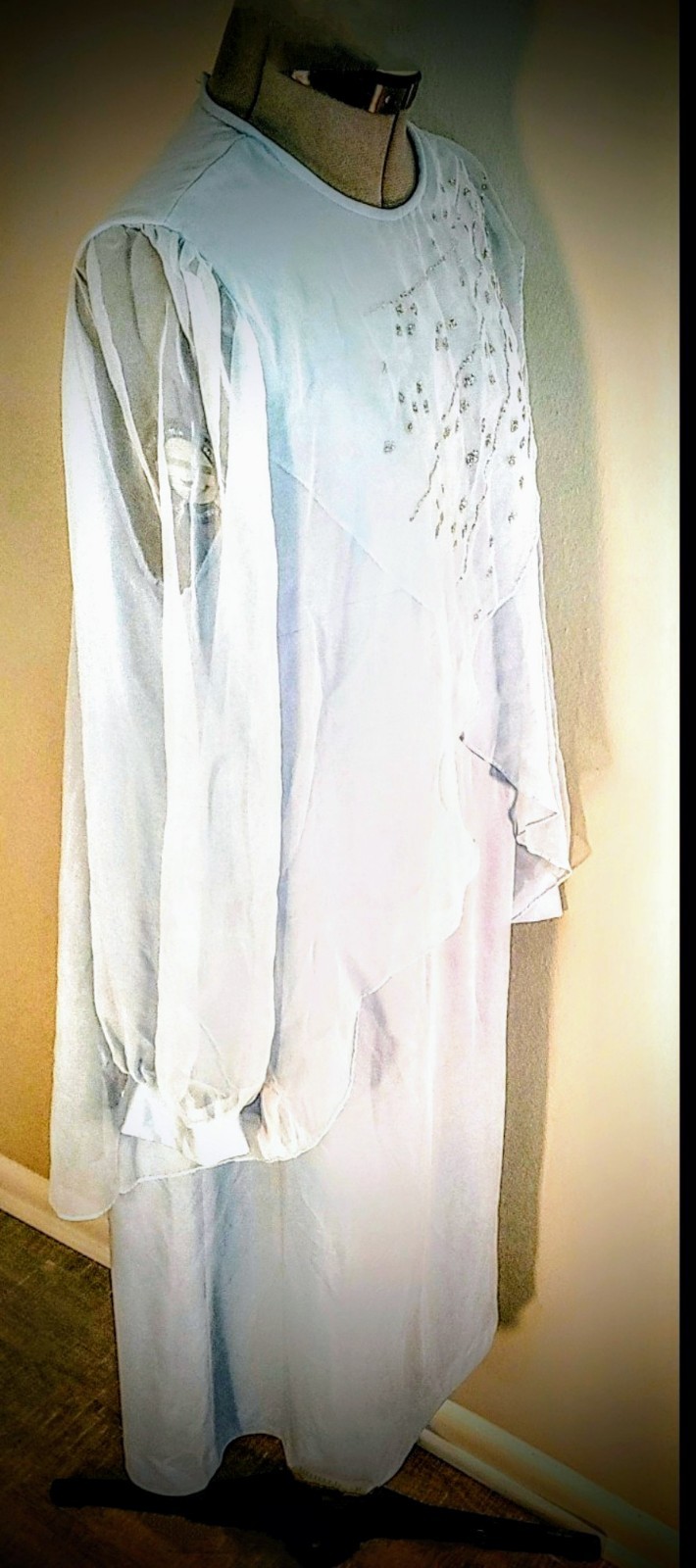 Vintage Gilberti Baby Blue Shift Dress Silver Glitter Pattern Size Large