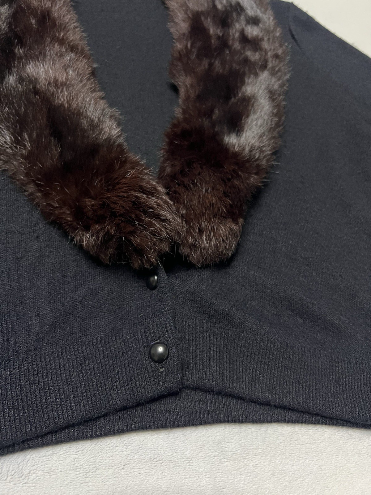 Vtg 50’s Du Pont Orlon Black Cardigan REAL MINK FUR Shawl Collar Sweater S/M