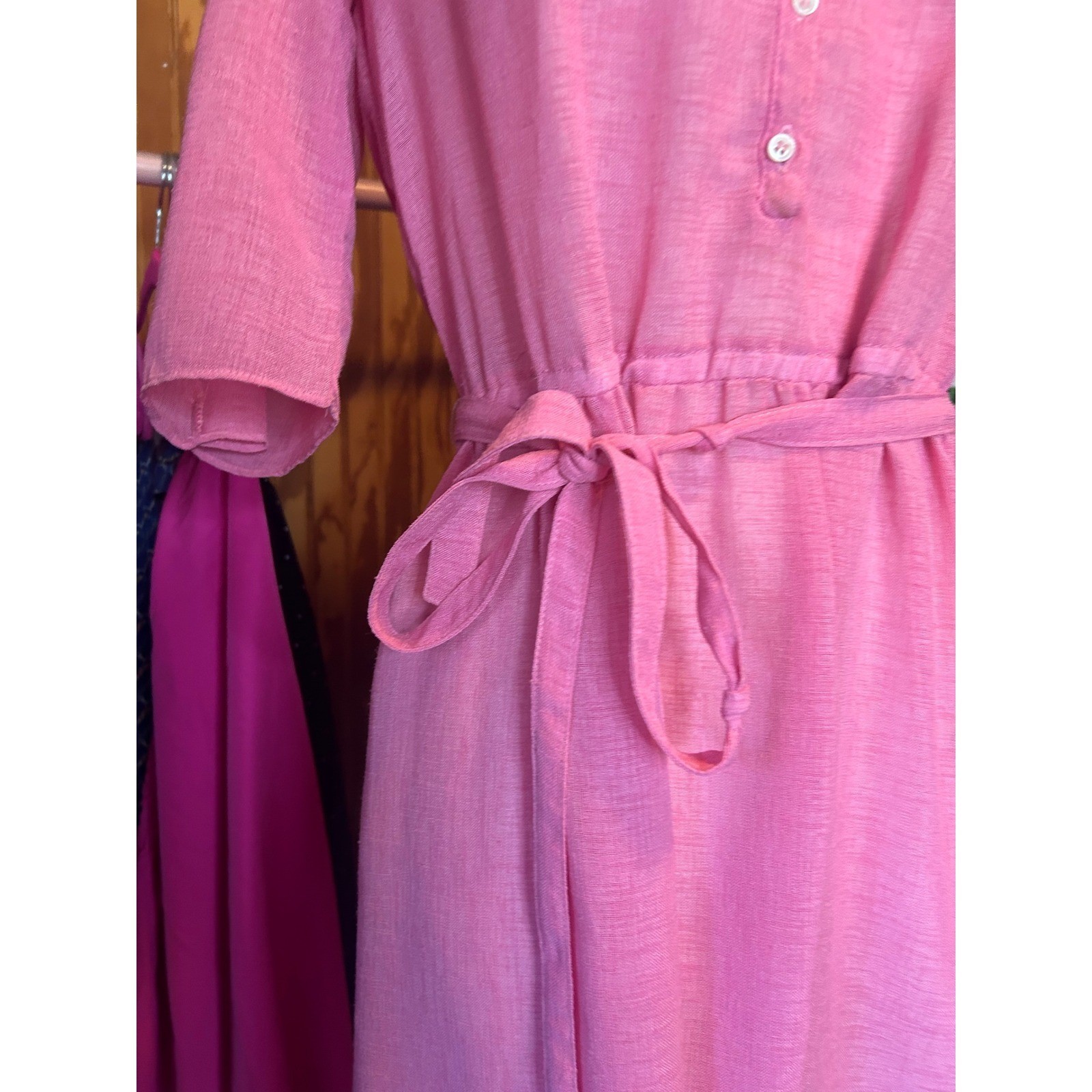 Vintage California Girl Pink Midi Shirt Dress Size 6 Linen Look Button Front Tie