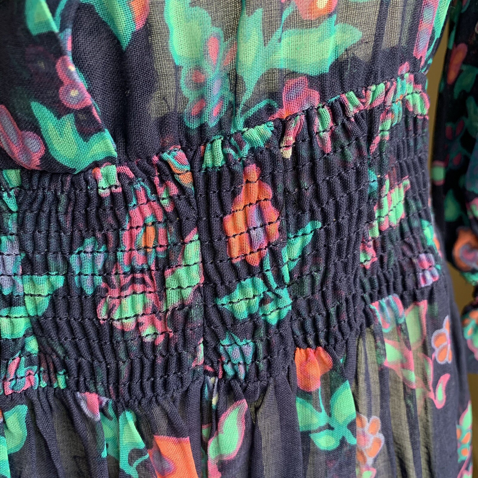 Vintage 70s Ted Lapidus Boutique Floral Day Dress Puff Sleeve Peasant Boho Sm