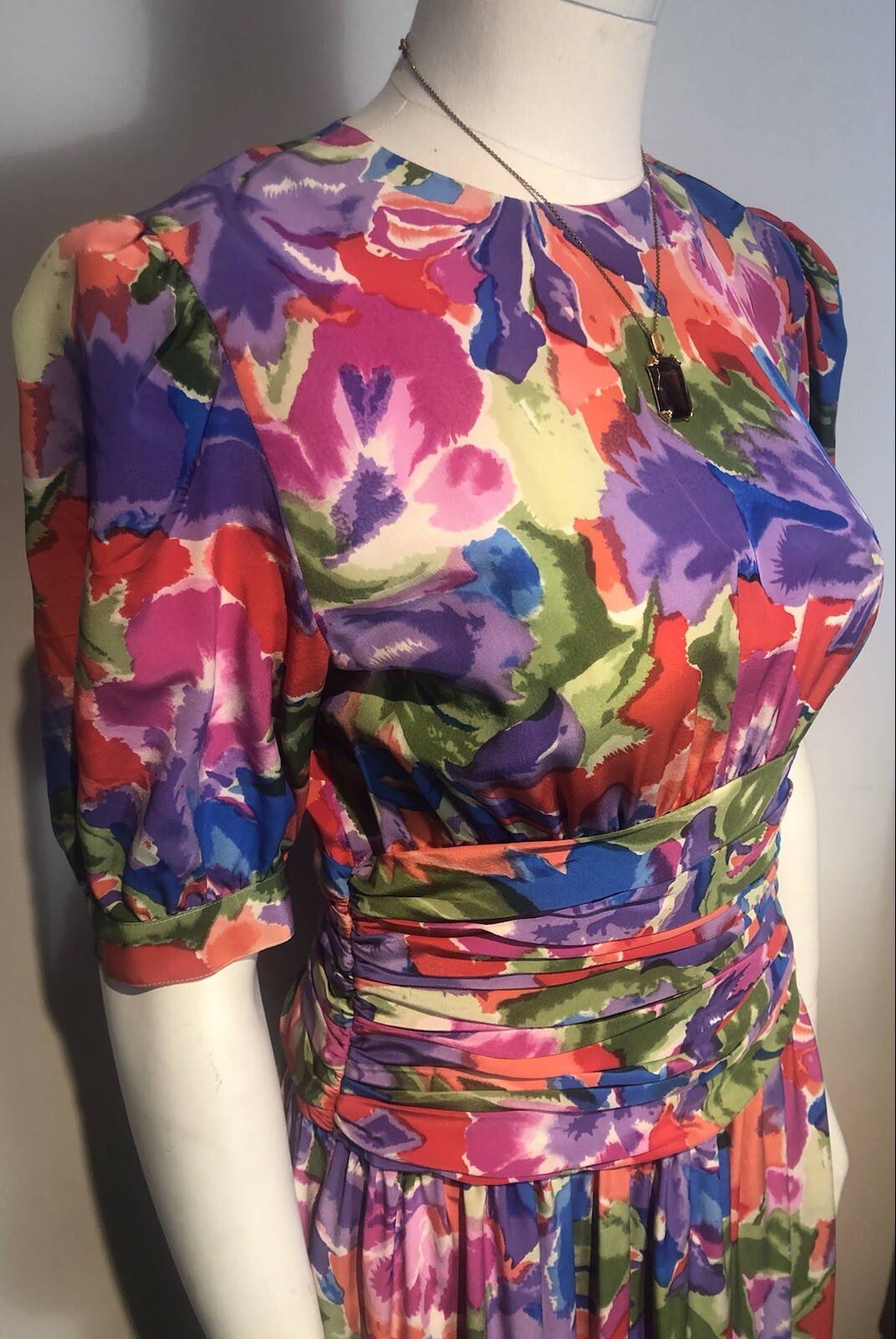 Vtg 80s HORCHOW Silk Floral Dress Size 8 Pouf Sleeves