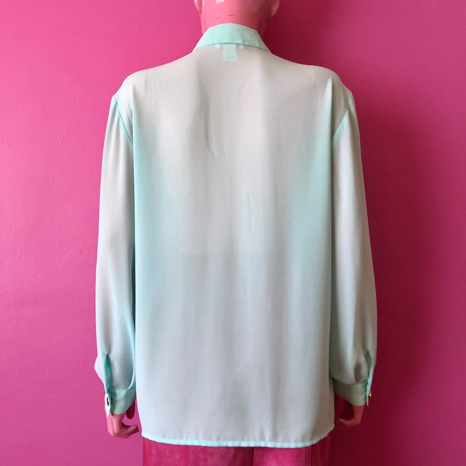 Vintage 80s M/L Chiffon Blouse Aqua Pastel Bill Blass Pleat Gold Button Down Top