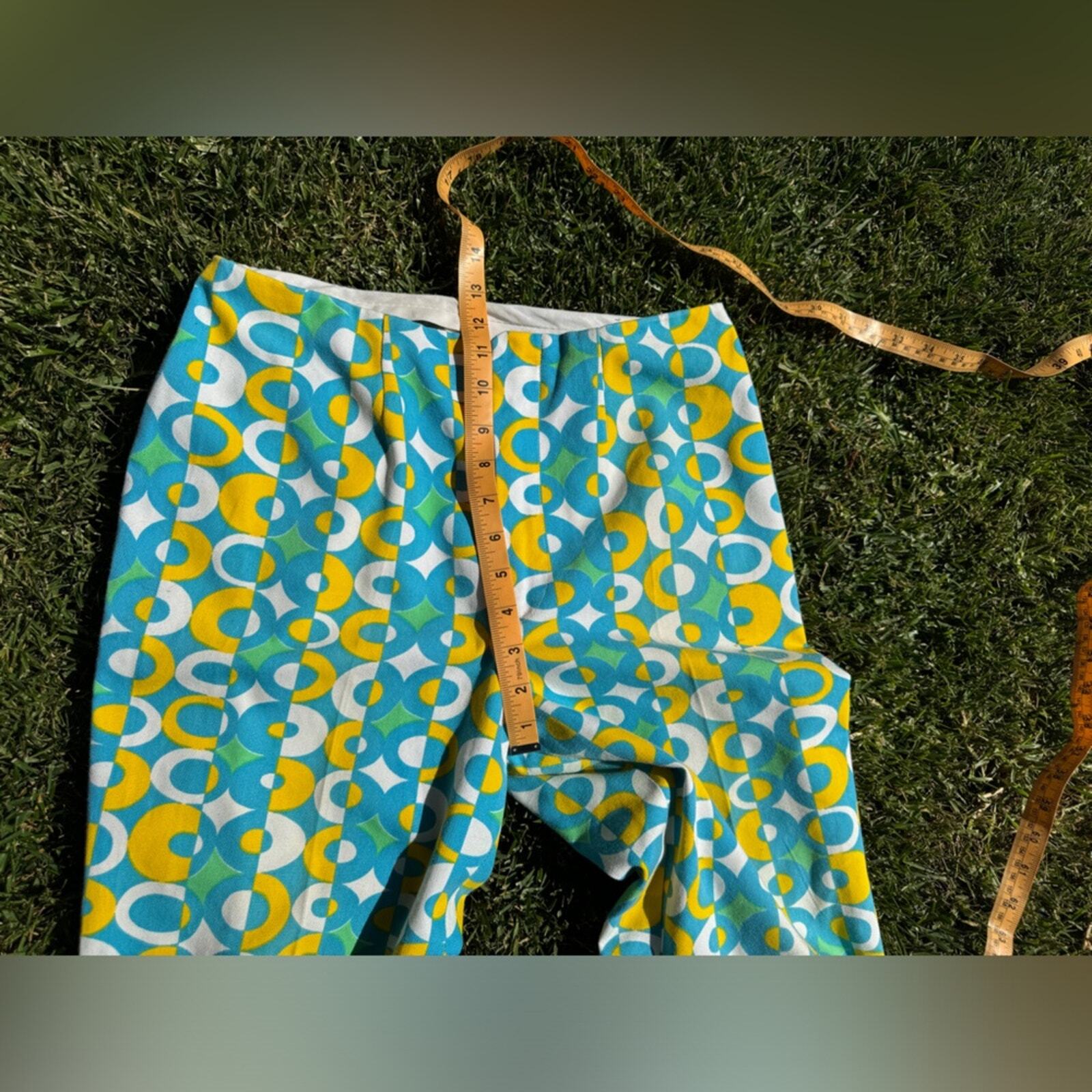 60s Vintage Green White and Blue Geometric Circle Print Kick Flares