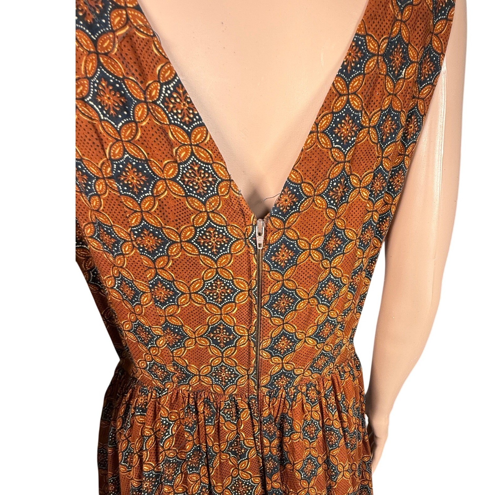 Vintage Saks Fifth Avenue The Kollection Batik Print Midi Dress Brown Yellow 12