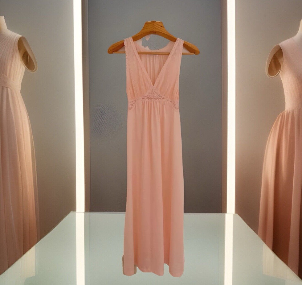 Vtg MISS ELAINE Women Nightgown P Peach-Pink Sleeveless Satin Lace Feminine