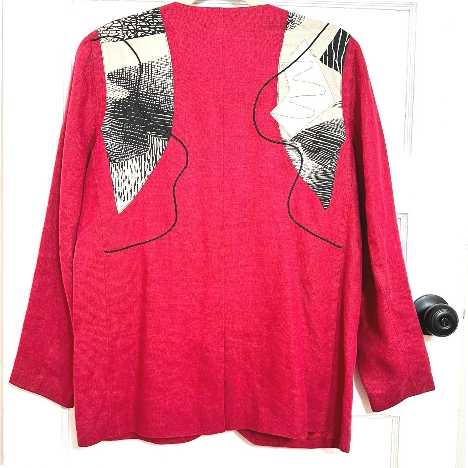 Vintage Red Linen Abstract Patchwork Blazer Womens Small Statement Jacket