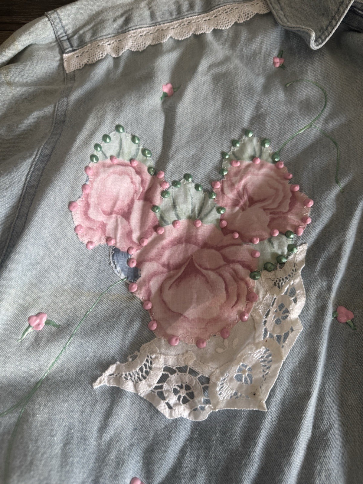 vtg CHAMBRAY Embellished ric rac trim Flower Handmade Medium