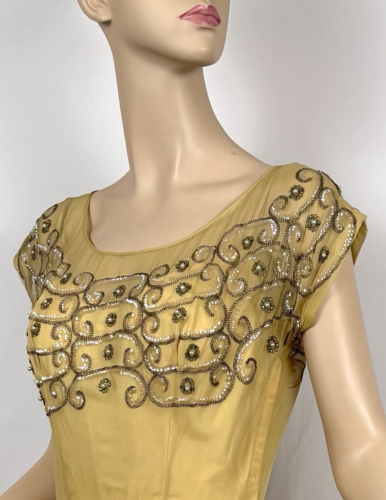 Vintage 40s Goldenrod Silk Chiffon Evening Gown Rhinestones, Sequins, Gold Cord