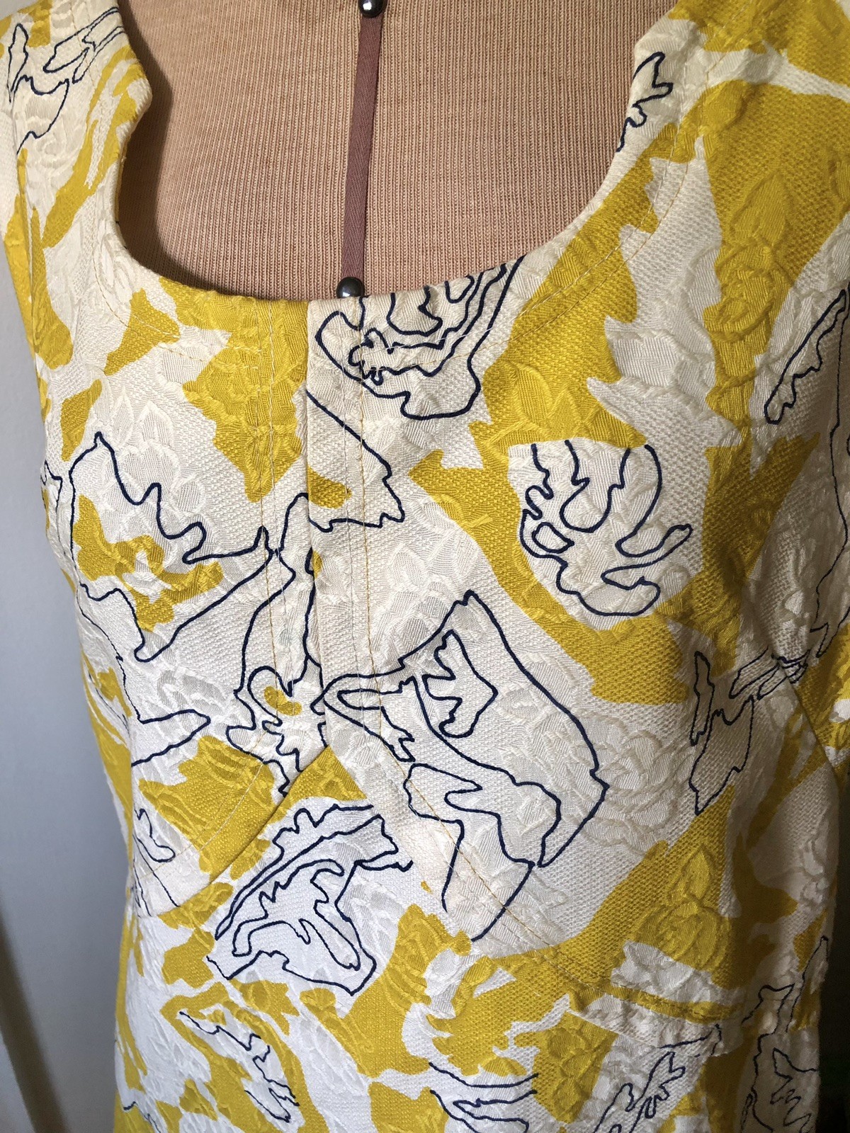 Mid Century Abstract Yellow, White, & Navy Blue Maxi Dress, M