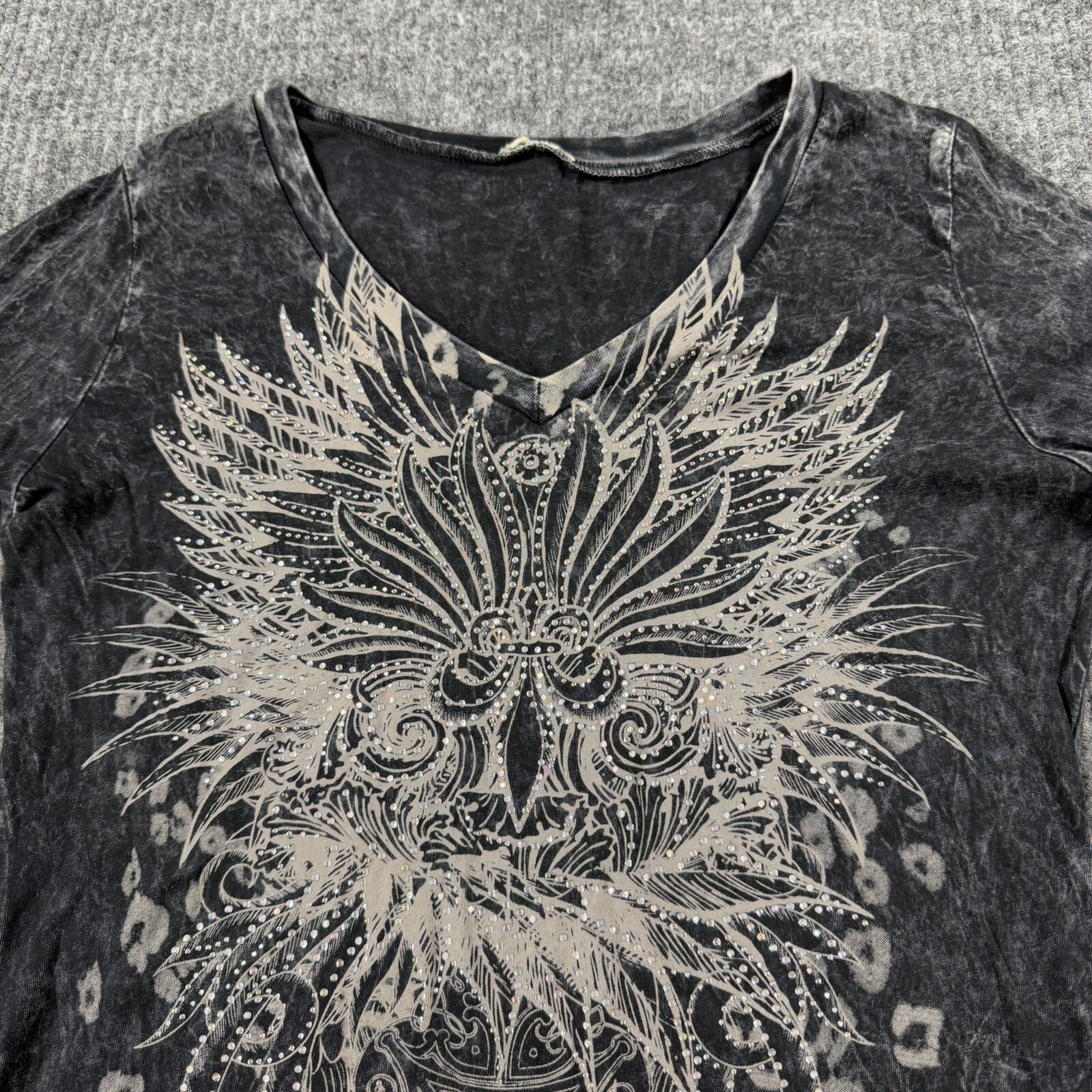 VTG Y2K Women’s Sexy Affliction Style Black Wings Cyber Goth Beaded Shirt Large
