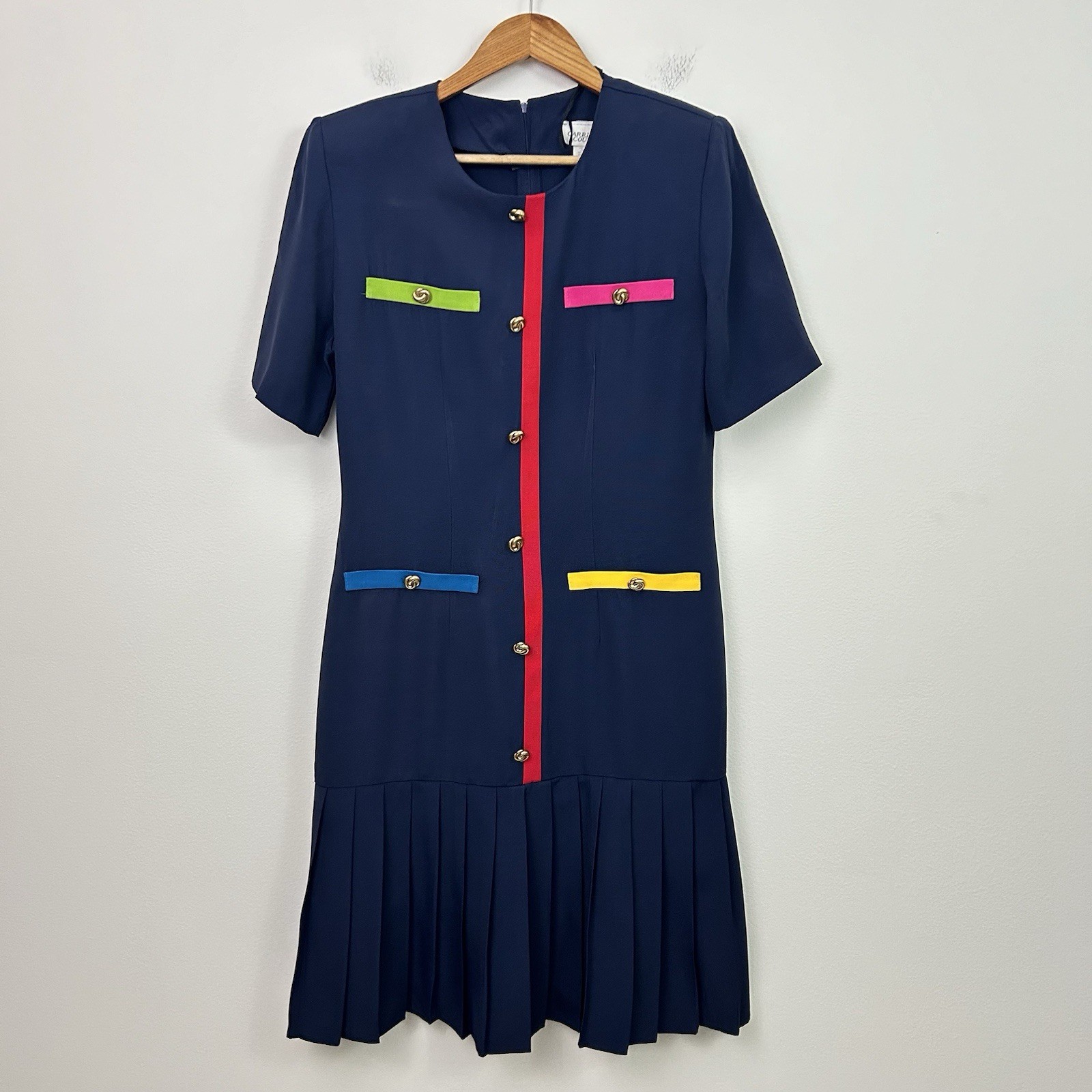 VTG Carriage Court Dress Drop Waist 80’s Pleats Short Sleeves Zip Classic Size 8