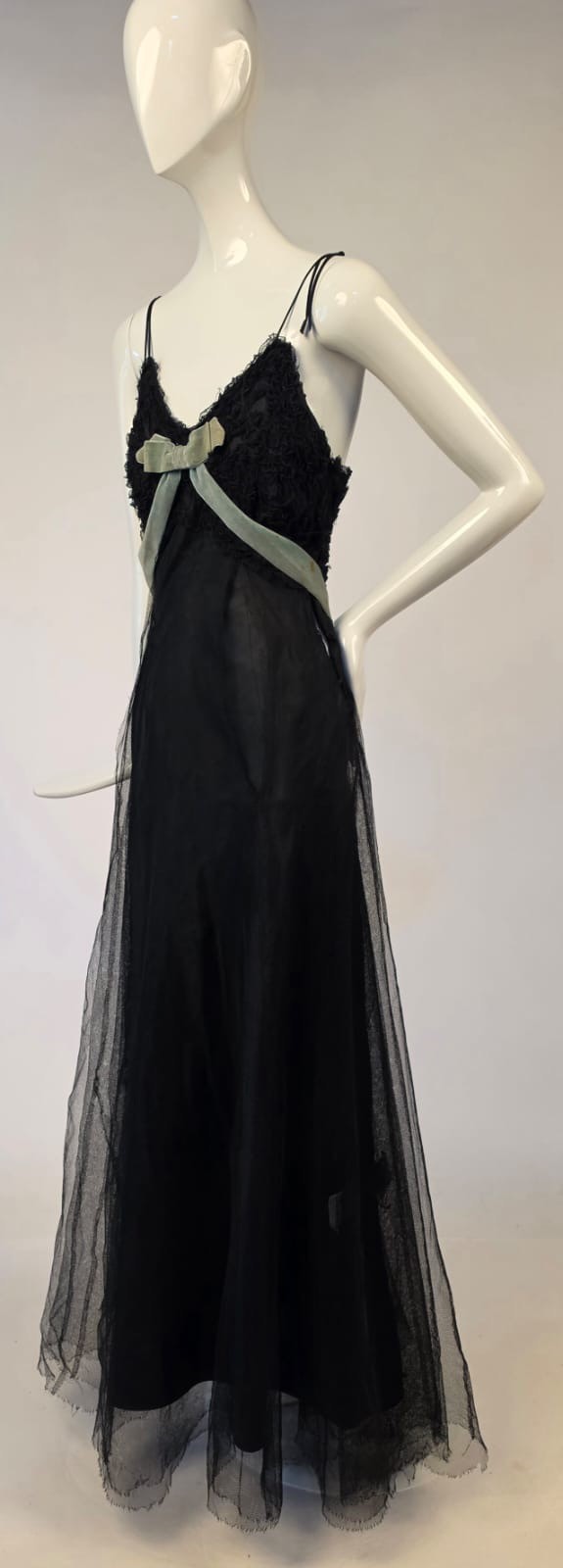 ANTIQUE 1930’S BLACK NET + RUFFLE LONG DRESS W TAFFETA LINING + VELVET TRIM