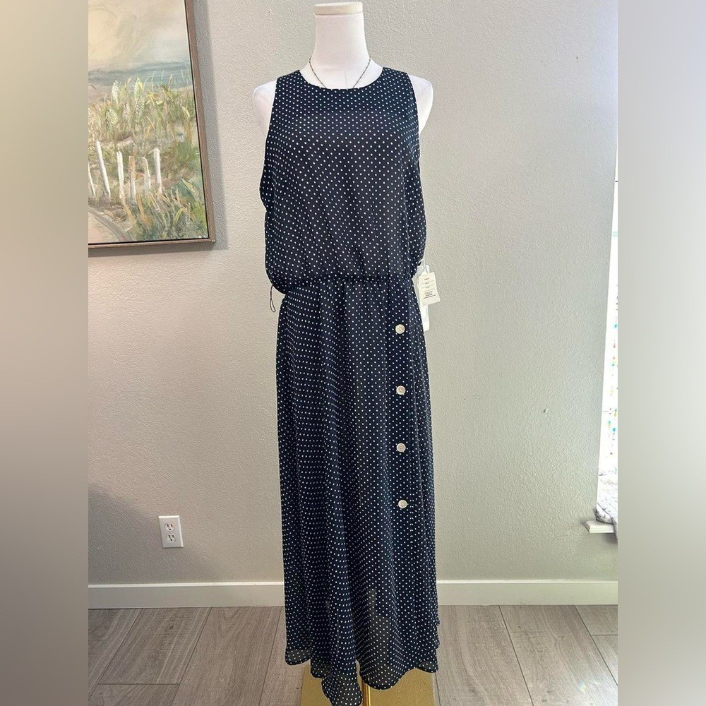Vintage Navy Polka Dot Sheer Maxi Dress Button Detail Sleeveless – Size 14