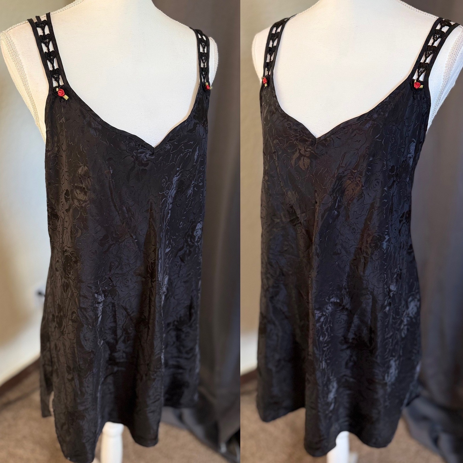 Vintage Expressions by California Black Floral Satin Slip Dress Strappy Back