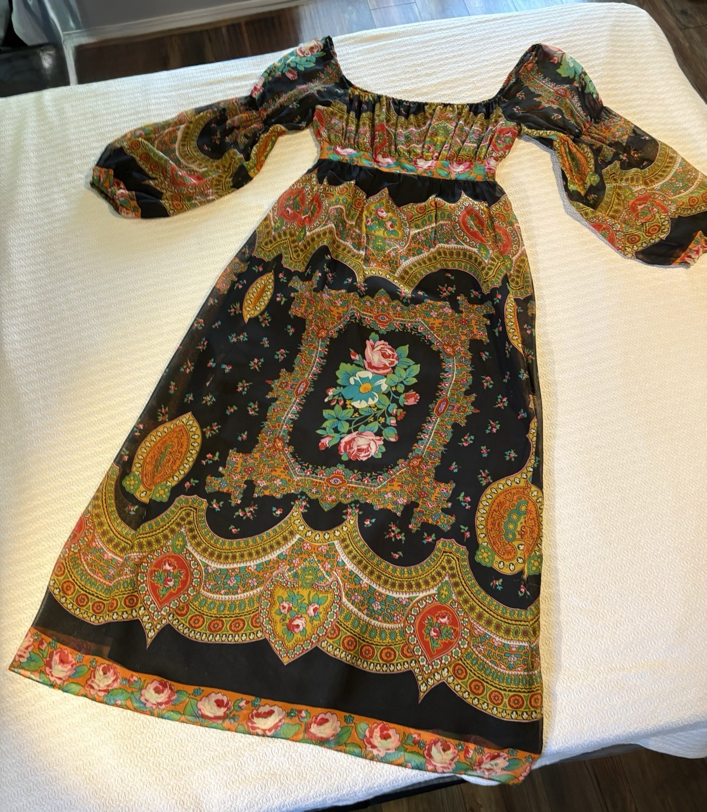 Vintage 60s Original Medieval Psychedelic Maxi Dress Mad Whirl Boho Renaissance