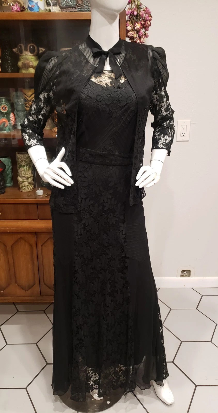 Vintage 1930s Spider Web Lace Silk Chiffon Three Piece Jacket Dress Set Sm