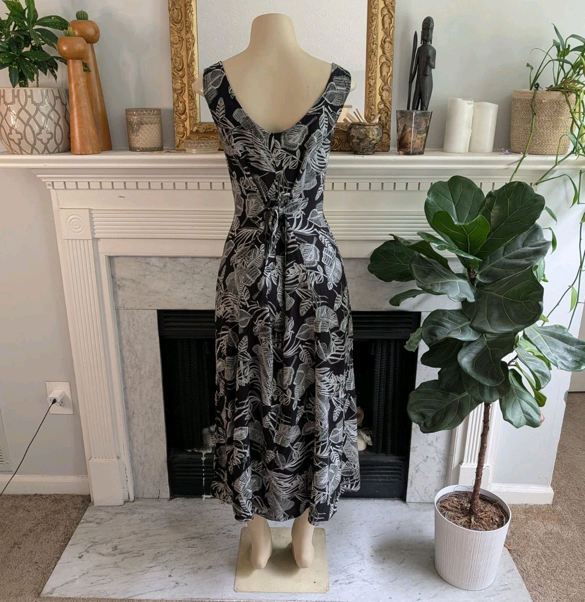 Vintage 90s Black Gray Graphic Shirtdress Size 8 Y2K Retro Tank Leaf Print