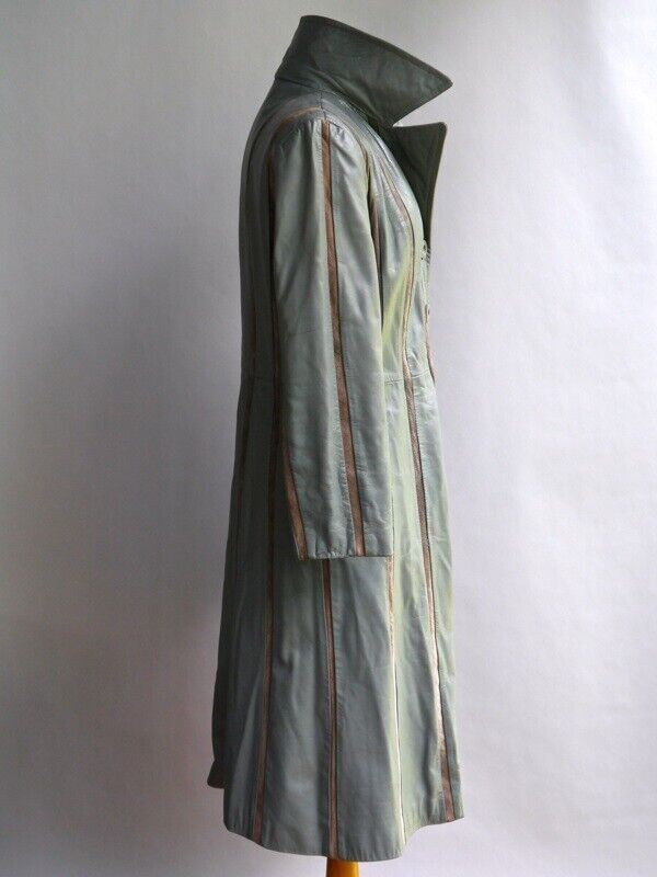 VTG 70s Grey Leather Coat American Hustle Striped w/ Suede Cutout The Tannery M