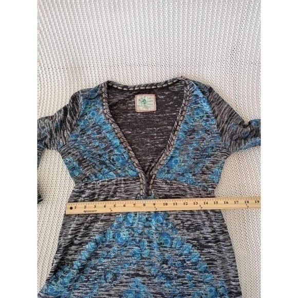 Free People Boho Peasant Blue Floral Embroidered Bell Slve Cotton Tunic S
