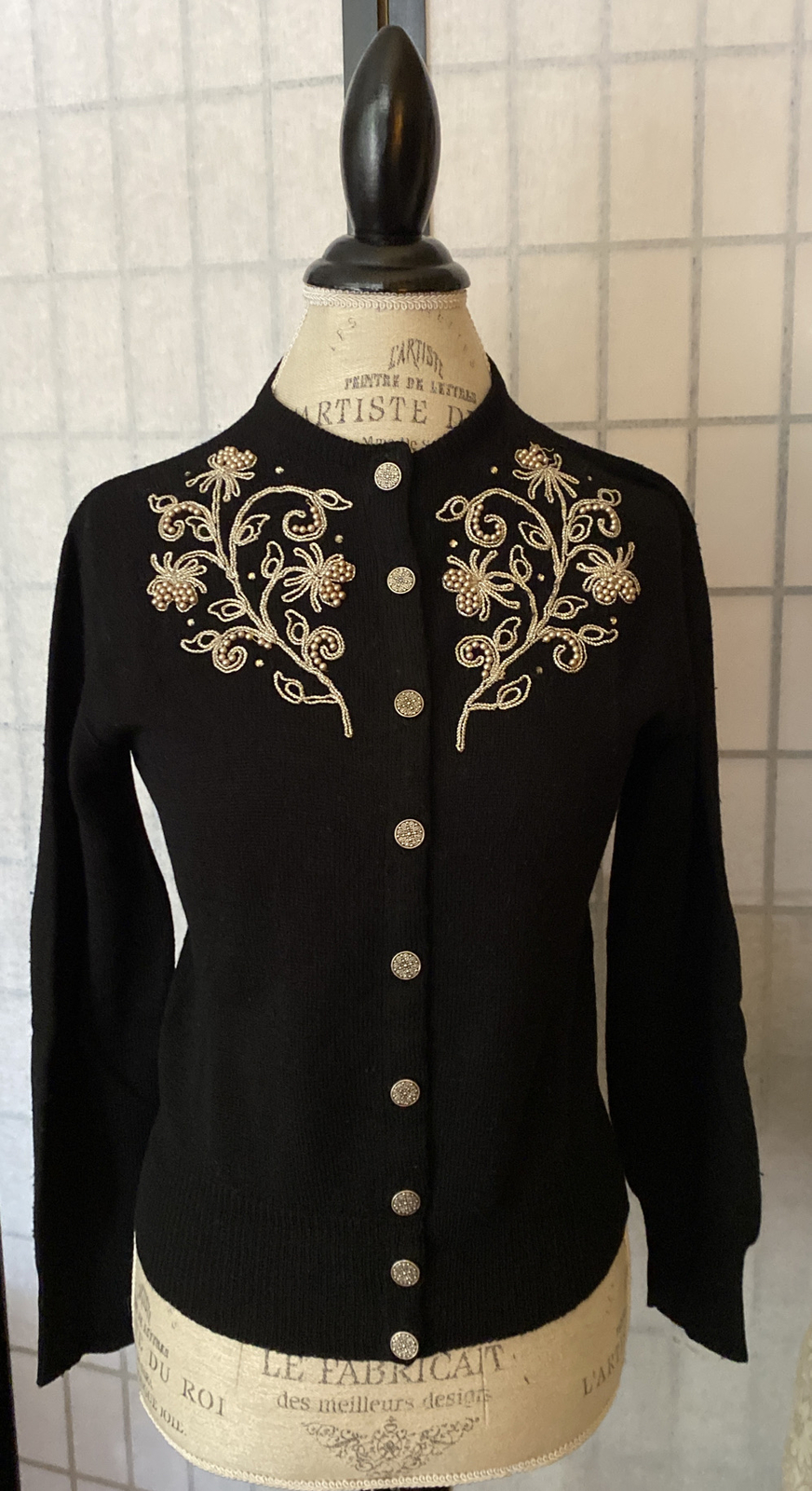 Vintage 40/50’s Blk Embellish Crop Sweater Estim Small (36” Bust) Metal Buttons