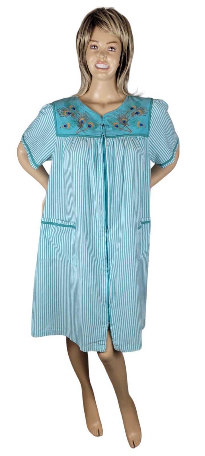 Vintage Go Softly Patio House Dress Stripes & Peacock Feathers Full Zip Boho XL