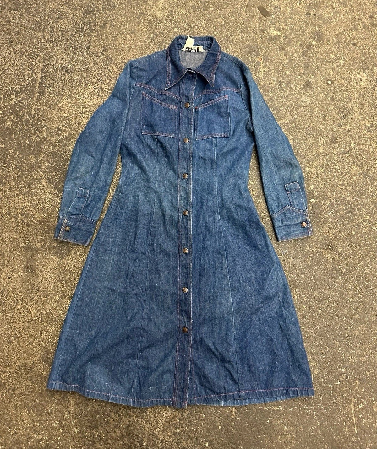True Vintage Blue Denim Button Up Dress By Oops California Womens Small 70s 80s