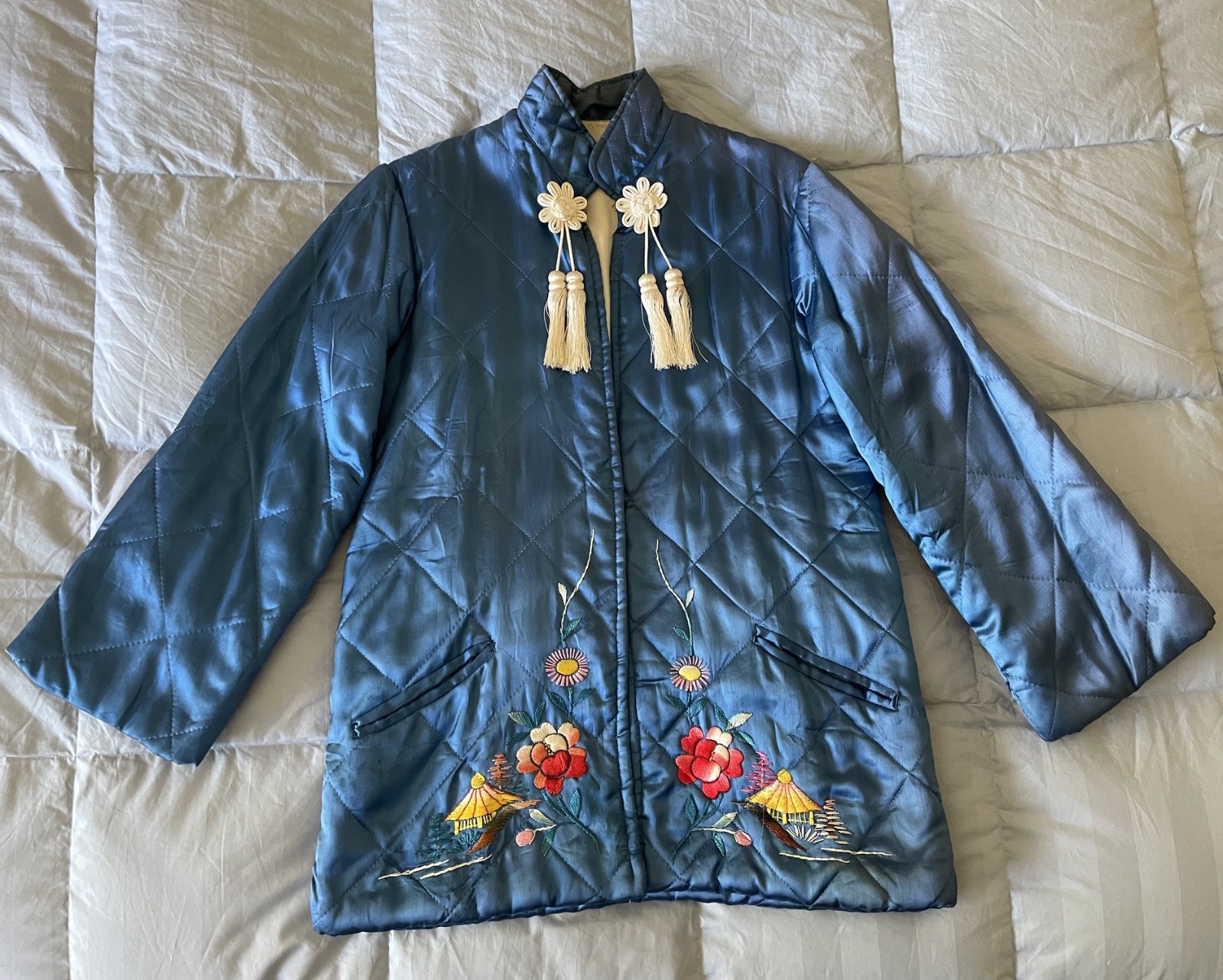 Vintage 1950s Japanese Quilted Tassel Jacket Blue