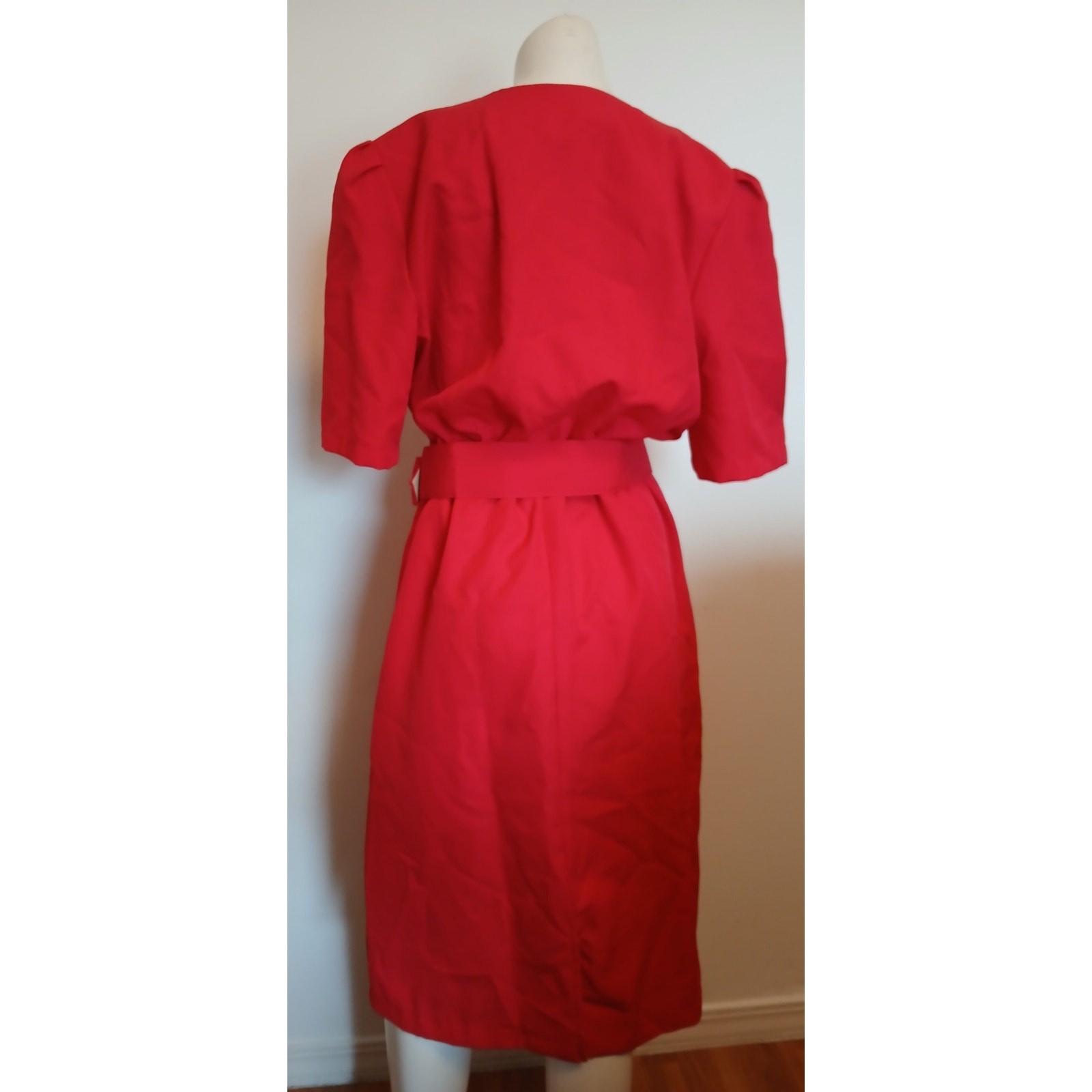 Vintage 1980s Red Square Neckline Belted Dress California Girl Size 18 XL Career
