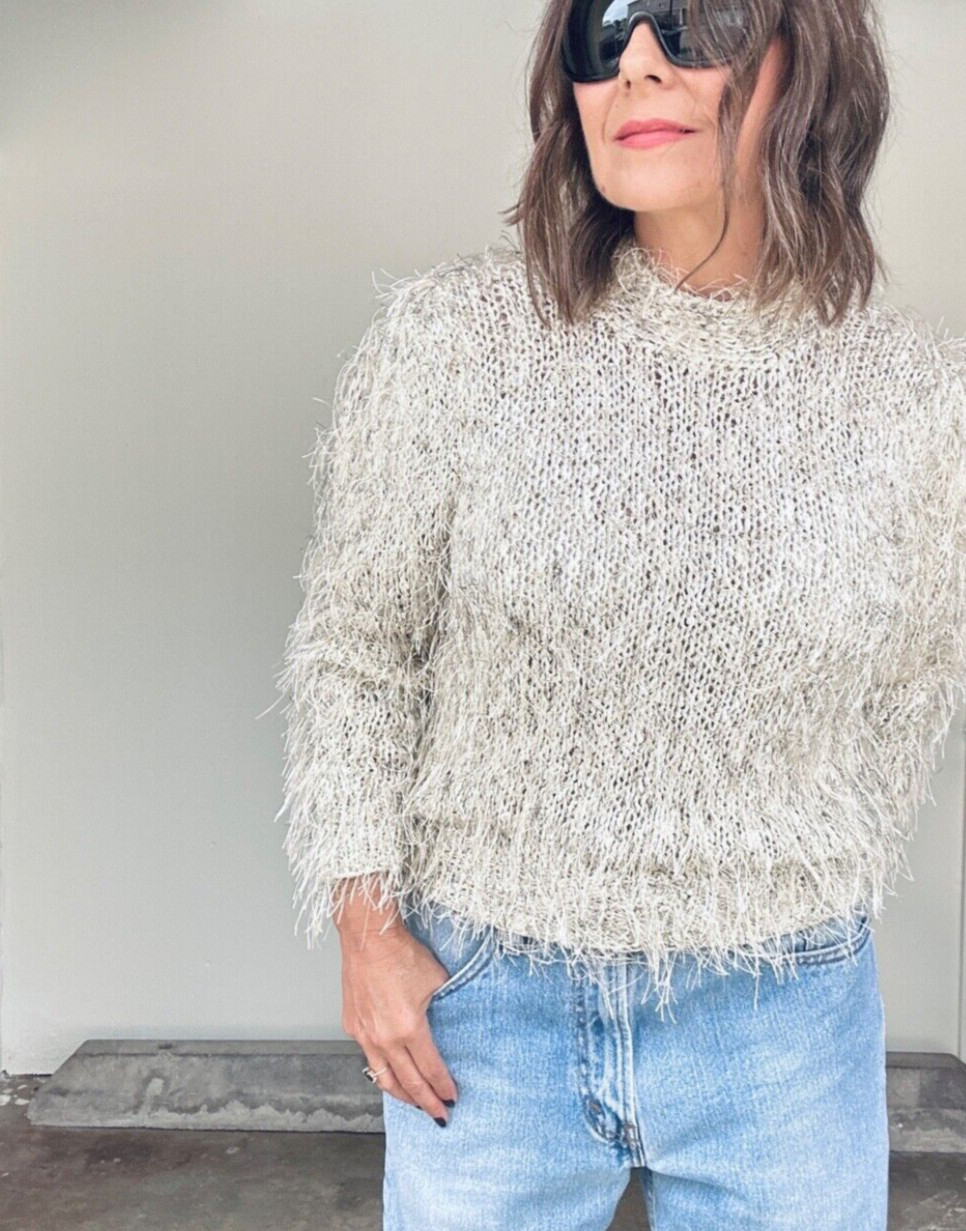Estelle Womens Crochet Sweater Size Medium Vintage Fuzzy Beige Fringe Sweater
