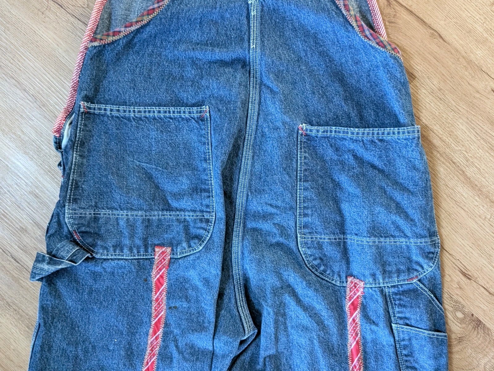VINTAGE 1995 Crispina FFrench Handmade Artist Upcycled PATCHWORK OVERALLS 36×32