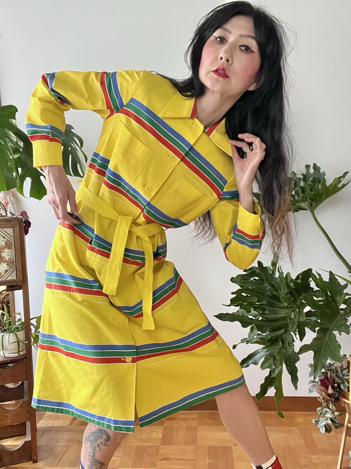 1974 Marimekko Anti by Pentti Rinta Primary Colors Stripe Dress S/M MOD Pop Art