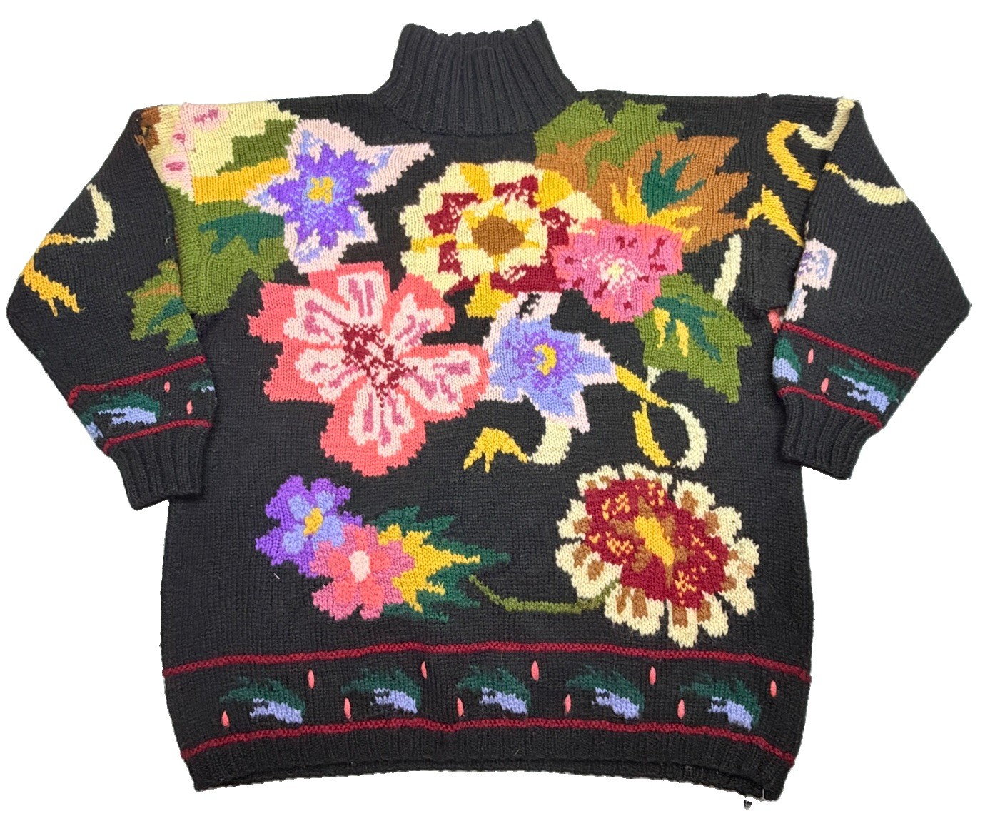 Vintage 1980s Forenza Black Wool Floral Intarsia Knit Sweater Women’s L