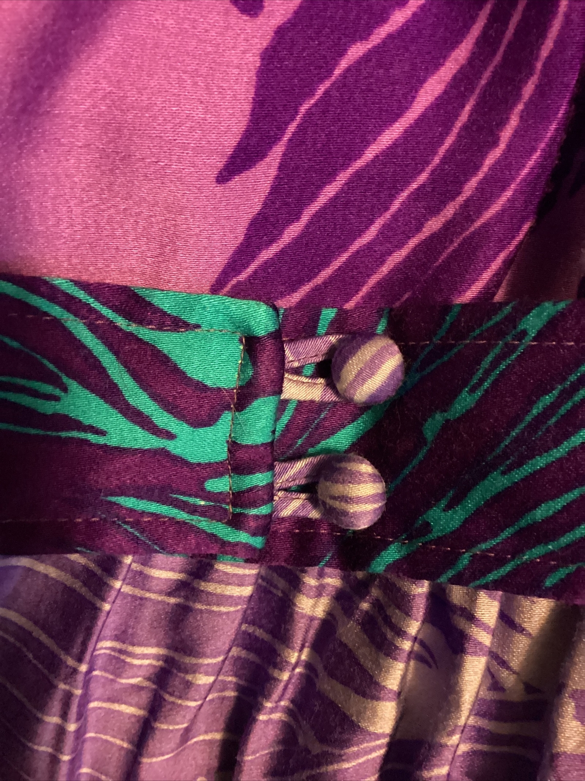 VTG Kiyomi Hawaii Maxi Dress Purples & Blues Button Front Belt Sleeveless Sz 12