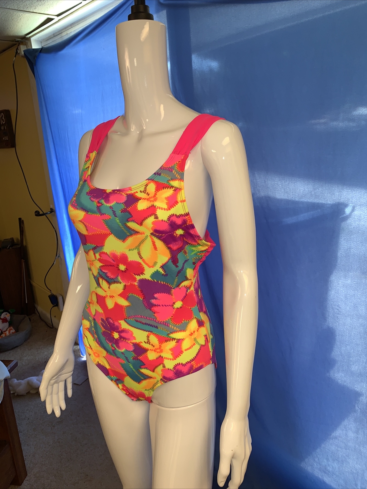 Vintage 80s Action Max floral neon aerobic workout leotard Girls 16