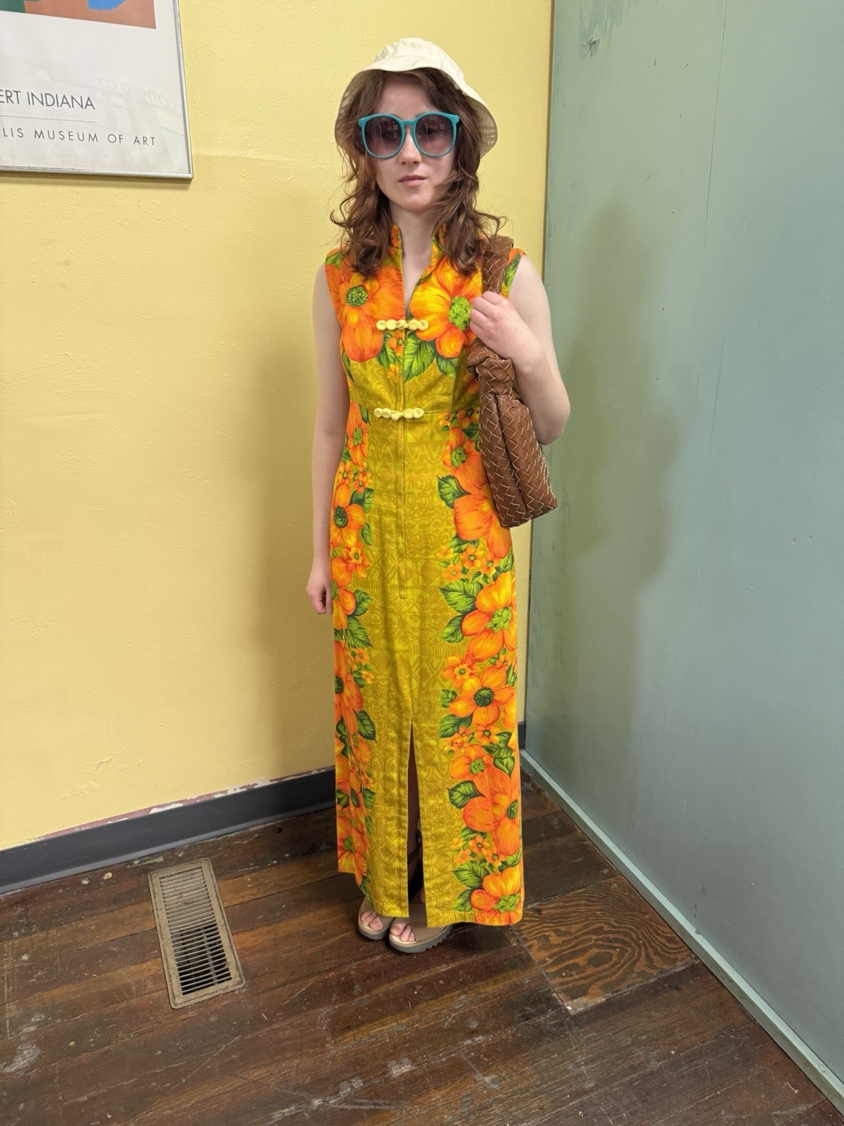 Vintage 70s Hawaiian Togs Hawaiian Tiki Print Avocado & Orange Barkcloth Maxi S